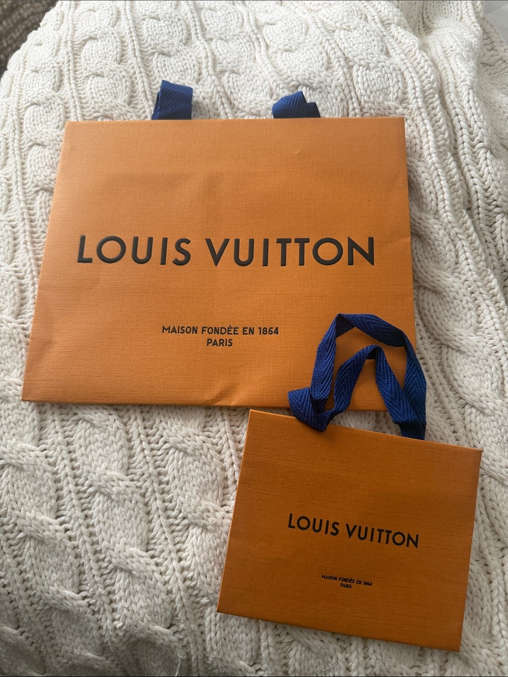 Set of Louis Vuitton Orange Shopping Bags with Blue Ribbon Handles